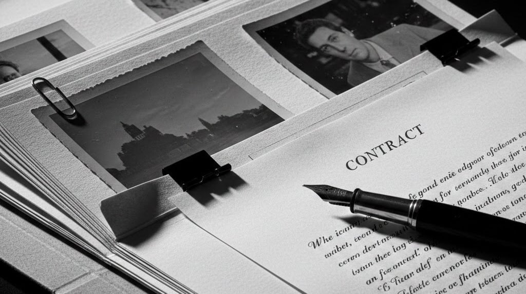 Home 9 Documento de contrato com caneta tinteiro e fotografias anexadas, simbolizando a formalização de dados e a curadoria de documentos da CB Assessoria.