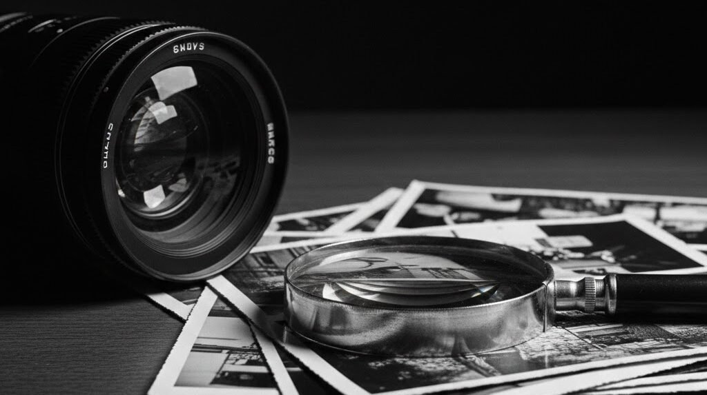 Home 10 Banner da seção de investimento. Lente fotográfica e lupa sobre fotografias impressas, representando a fotografia documental e a materialidade técnica da CB Assessoria.