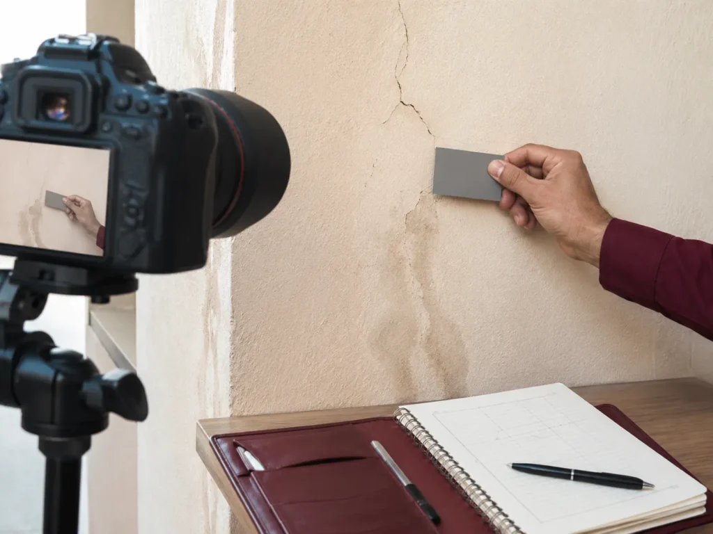 Câmera registrando fissura em parede para documentação técnica de obra