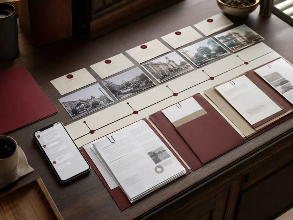 Mesa com fotografias e documentos organizados em sequência cronológica